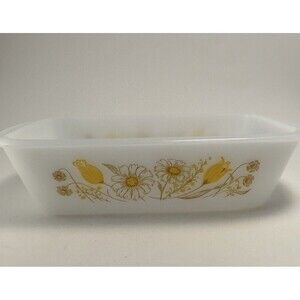 Vintage Glasbake Dish #J522 Yellow / Brown Daisies Baking Loaf Pan Dish